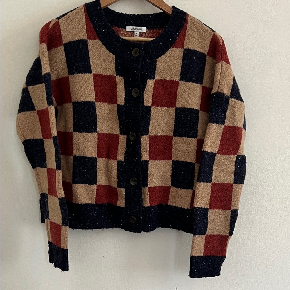 Madewell Checkered Colburne Cardigan Sweater in Coziest Textured Yarn | Size S